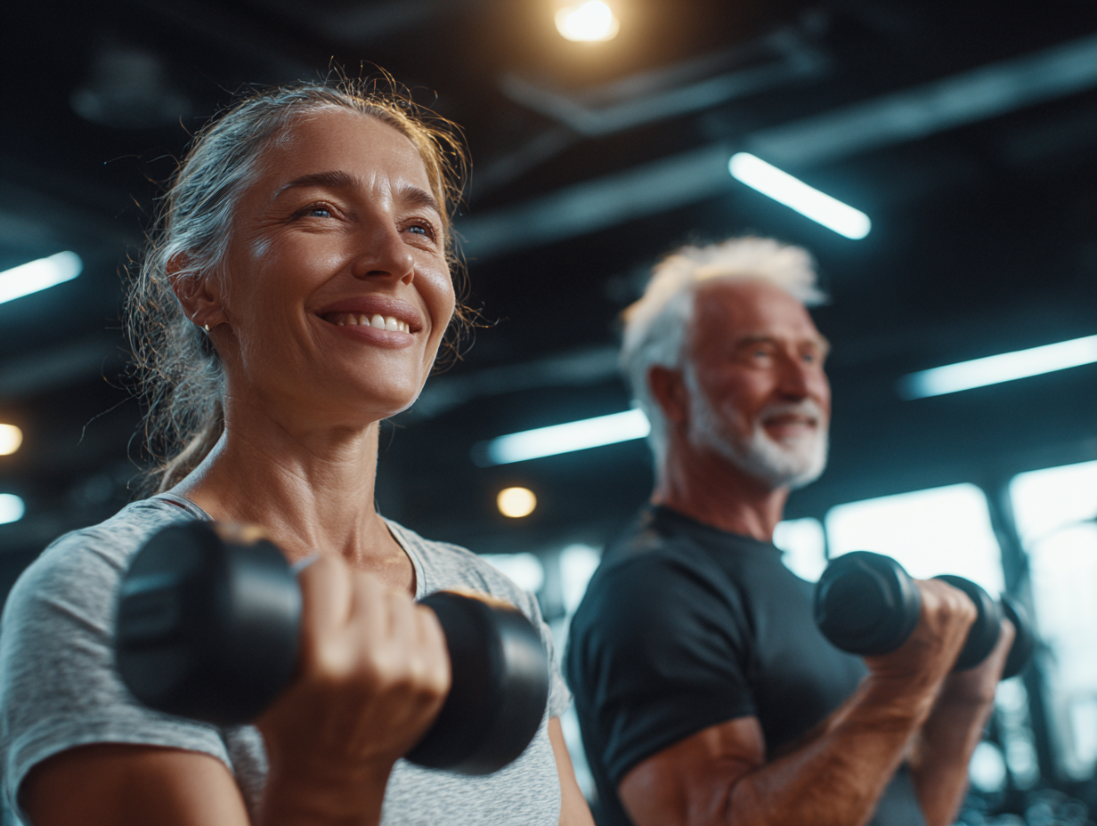 Žena a muž rôzneho veku cvičia s činkami